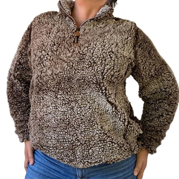 Simply Southern Brown Faux Fur Sherpa Fleece Quarter Zip Pullover Jacket Size L - Picture 1 of 5